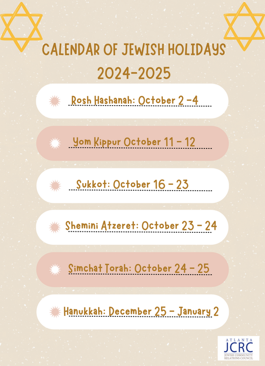 JCRCAtlanta's tweet photo. Your essential guide to the Jewish holidays for the 2024 - 2025 year. 

*Not every Jewish holiday is stated, but it does cover the most widely recognized ones.