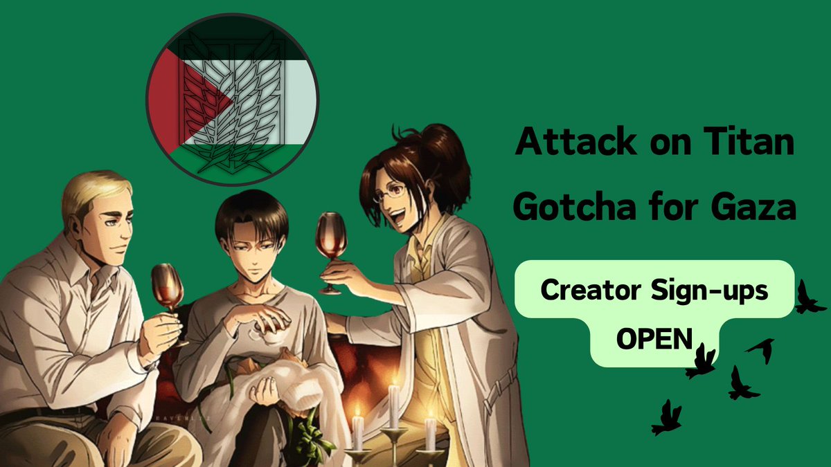 🍉 CREATOR SIGN-UPS CLOSING AUGUST 15 🍉

Come join our lovely 30 creators who will be creating #AttackOnTitan fanart/fanfics for Palestine!! There's no selection process, just let us know which #AoT pairings you'd like to create for!! 💚🇵🇸

forms.gle/D2M9NbzMQnDAHL…