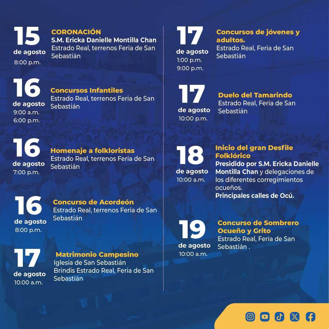 Acompáñanos al Festival Nacional del Manito Ocú, que dará inicio el jueves 15 de agosto con la Coronación de S.M Ericka Danielle Montilla Chan. Este festival se estará celebrando hasta el 20 de agosto, donde habrá homenajes, concursos, desfiles y mucho más.