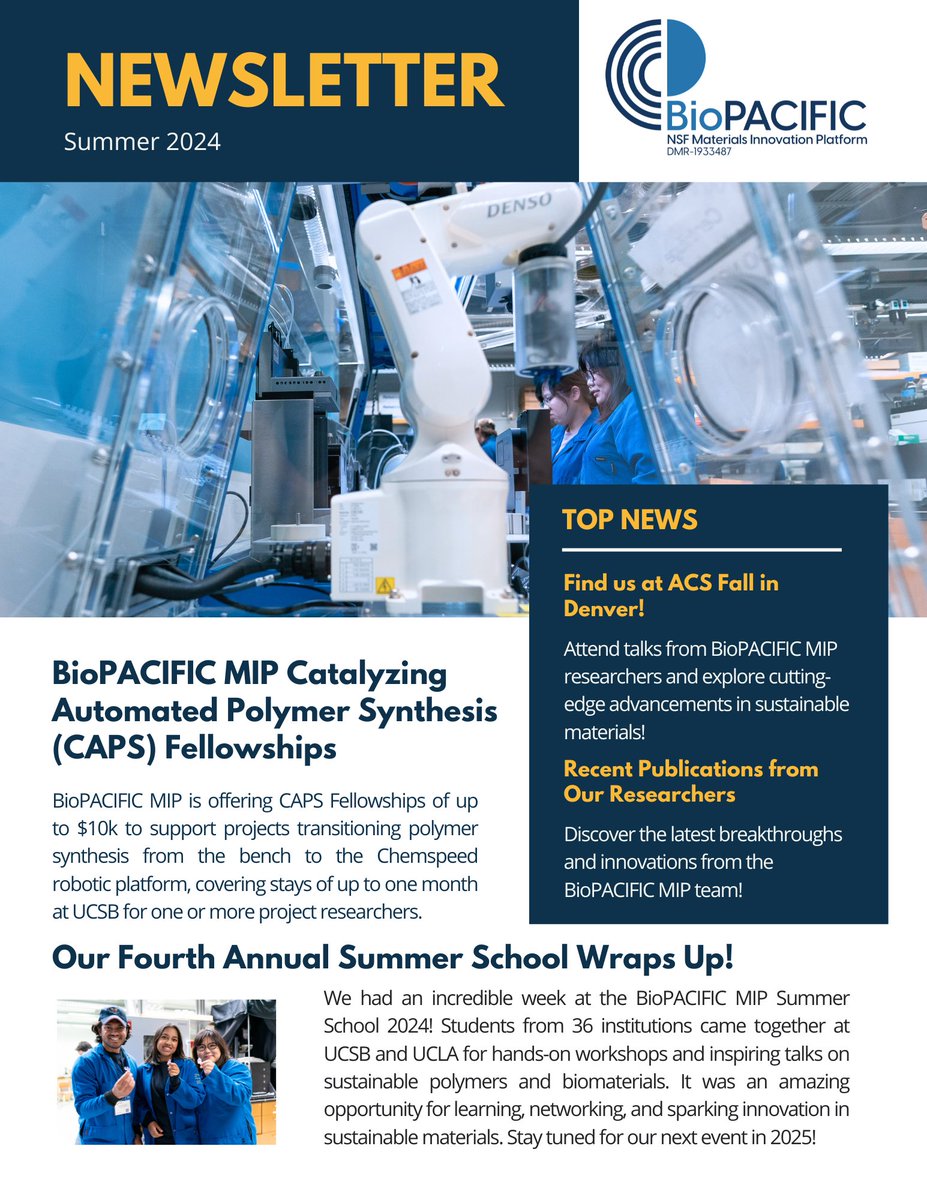 BioPACIFICMIP's tweet image. 🚀 Our BioPACIFIC MIP Summer 2024 #Newsletter is live! 🌟

✨ New CAPS #Fellowships for automated #polymersynthesis 
🔬 #SummerSchool highlights &amp;amp; hands-on training 
📚 Latest research in sustainable materials &amp;amp; #biomaterials
Catch all the updates: bit.ly/3M5UaL6