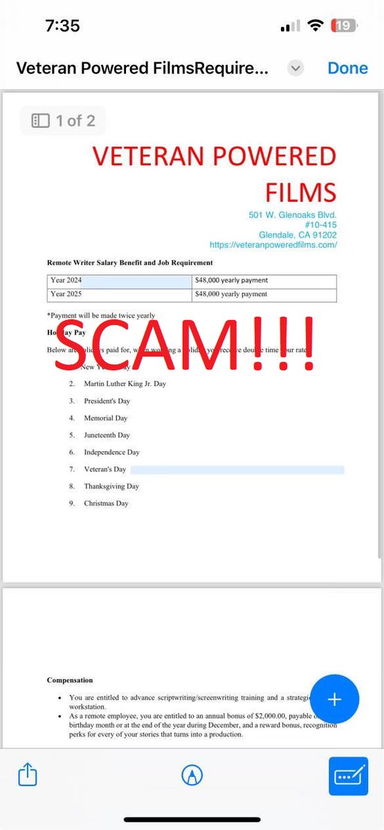 vetpoweredfilms's tweet photo. Someone is impersonating Veteran Powered Films and offering remote writing jobs. They communicate via Twitter and Telegram. THIS IS A SCAM!

Our official and only Twitter handles are @srestudios, @julialing, and @vetpoweredfilms. We do not use Telegram.

Please report them. https://t.co/hHBDaTGVgn