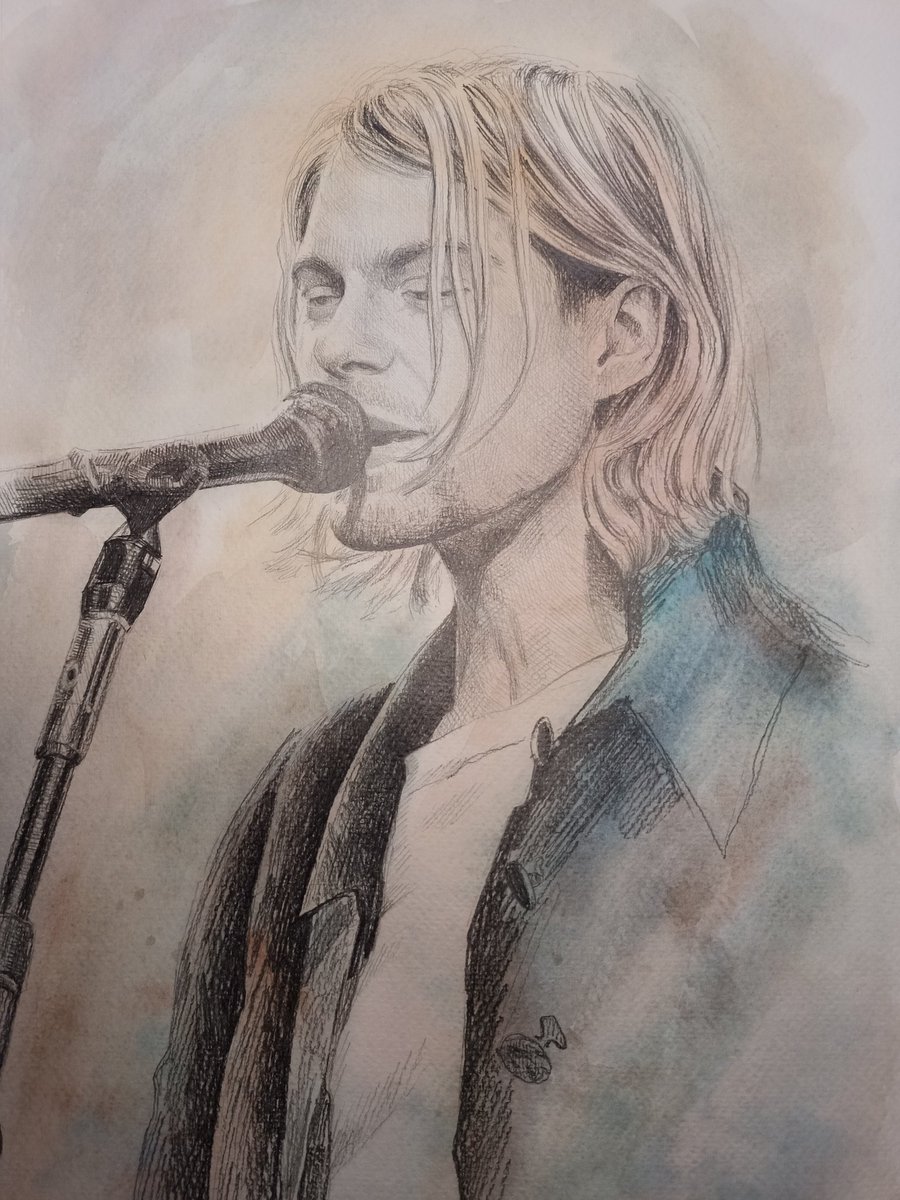 Antes me puse a buscar fotos de cantantes icónicos para retratar a alguno... Y volvió a salir Kurt Cobain... Así que si, va a caer otra vez. Mientras, os dejo el anterior dibujo que le hice. 
Si alguien se pilla por el retrato, que me escriba por privado.