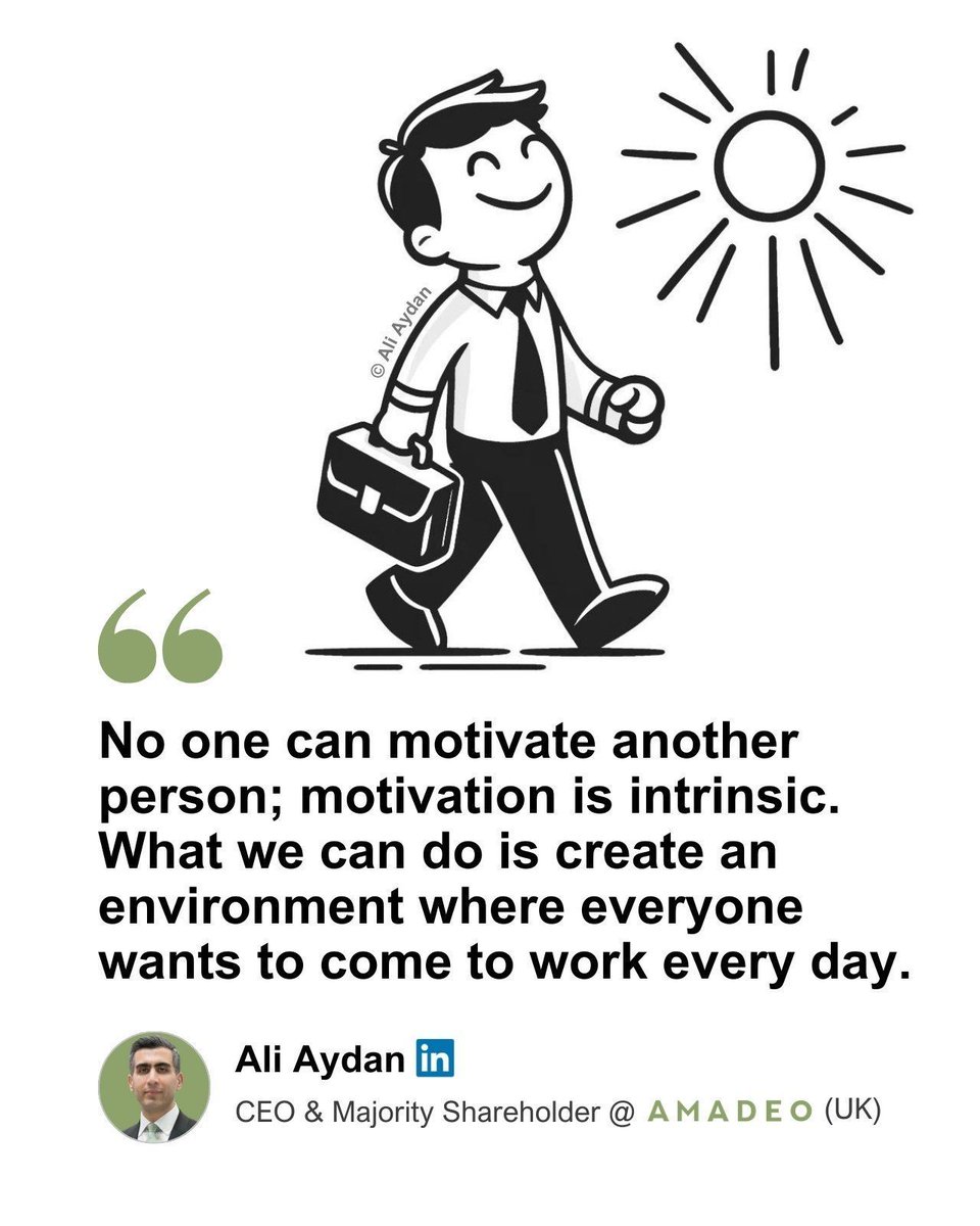 aliaydan.com

We can't force motivation, but we can build a workplace people actually want to be part of. 

It's about creating an environment that brings out the best in everyone.

Here are some ideas to make that happen:

- Give people room to make decisions and own