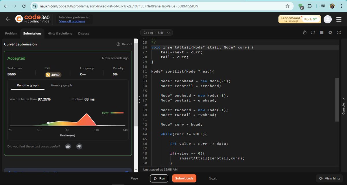 Mont_y_adav001's tweet image. Namaste Connections!🙏
Day 57 of #100DaysOfCode Challange! 🔥
✅ Solved Merge 2 Sorted Linked Lists on #LeetCode.
✅ Completed Sort 0s, 1s, and 2s in Linked List on #Code360.
Sharpening those #LinkedList skills, one challenge at a time! 💪
#Coding #Tech #ProblemSolving #Dsa