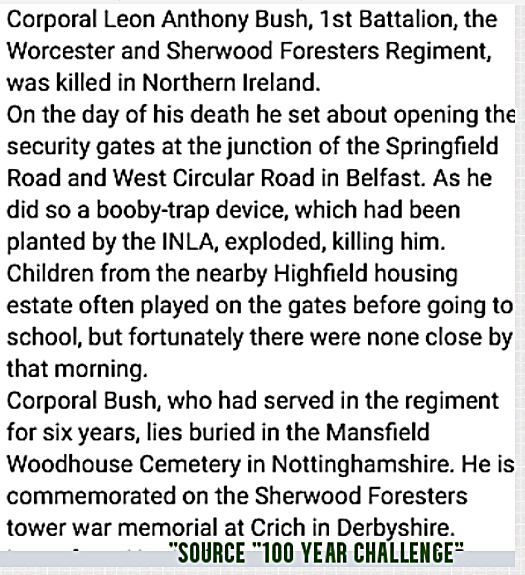 Hannyhas's tweet image. #Remembered 27/9/1982, Leon Anthony Bush, 22. Corporal with Worcestershire &amp;amp; Sherwood Forresters, murdered by INLA terrorists. Booby trap bomb attached to security gate exploded as he opened it at West Circular Rd, Highfield, West Belfast. Unusually children were not present #OTD