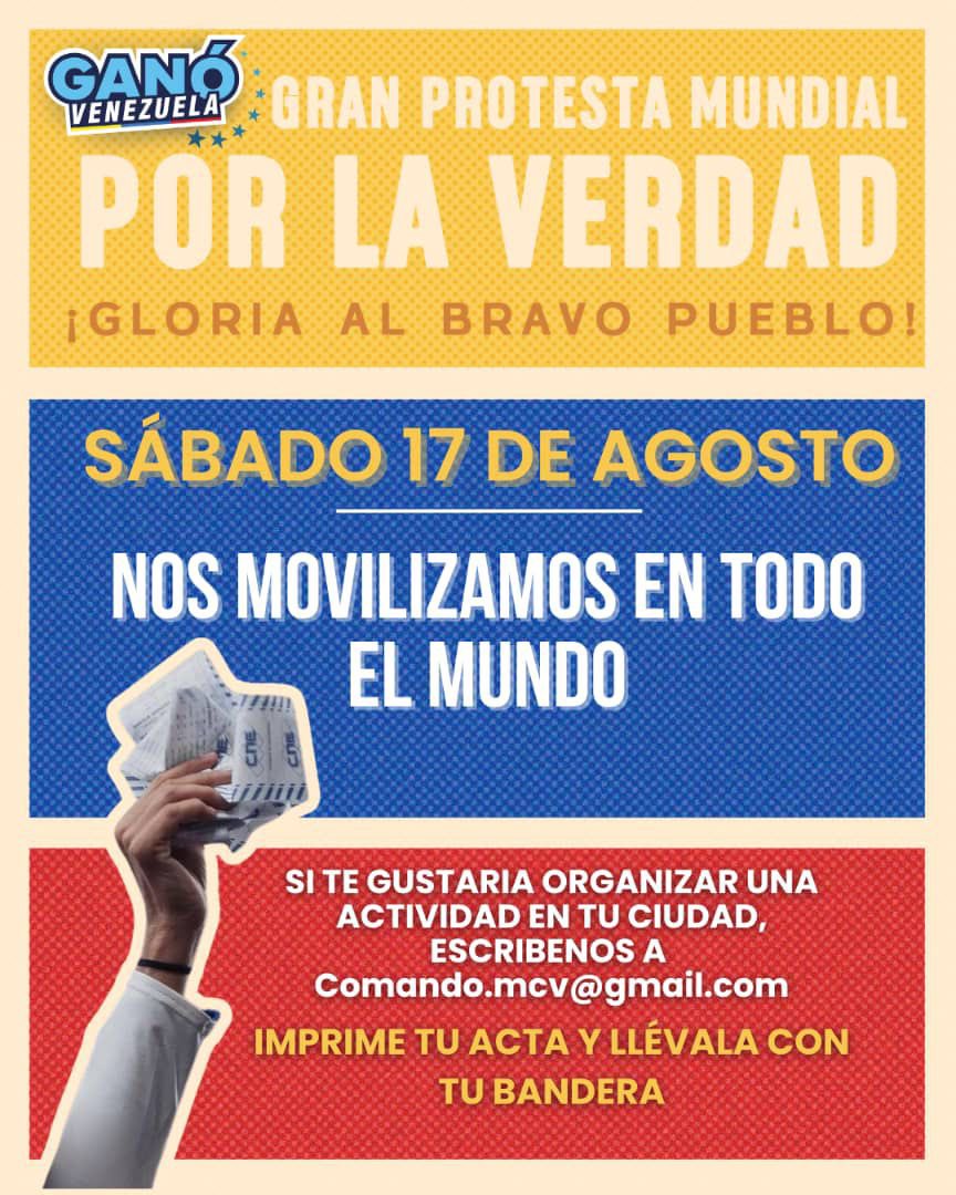Comando ConVzla (@convzlacomando) on Twitter photo 🔵RECORDATORIO‼️
Vamos a demostrarle al mundo entero que el 28J fue electo <a href="/EdmundoGU/">Edmundo González</a> y #GanóVzla
Busca aquí tu ciudad🗺️ para que te sumes a la Gran Protesta por la Verdad este sábado 17 de agosto⬇️⬇️⬇️
drive.google.com/drive/folders/…
#JuntosEl17 🔵RECORDATORIO‼️
Vamos a demostrarle al mundo entero que el 28J fue electo <a href="/EdmundoGU/">Edmundo González</a> y #GanóVzla
Busca aquí tu ciudad🗺️ para que te sumes a la Gran Protesta por la Verdad este sábado 17 de agosto⬇️⬇️⬇️
drive.google.com/drive/folders/…
#JuntosEl17