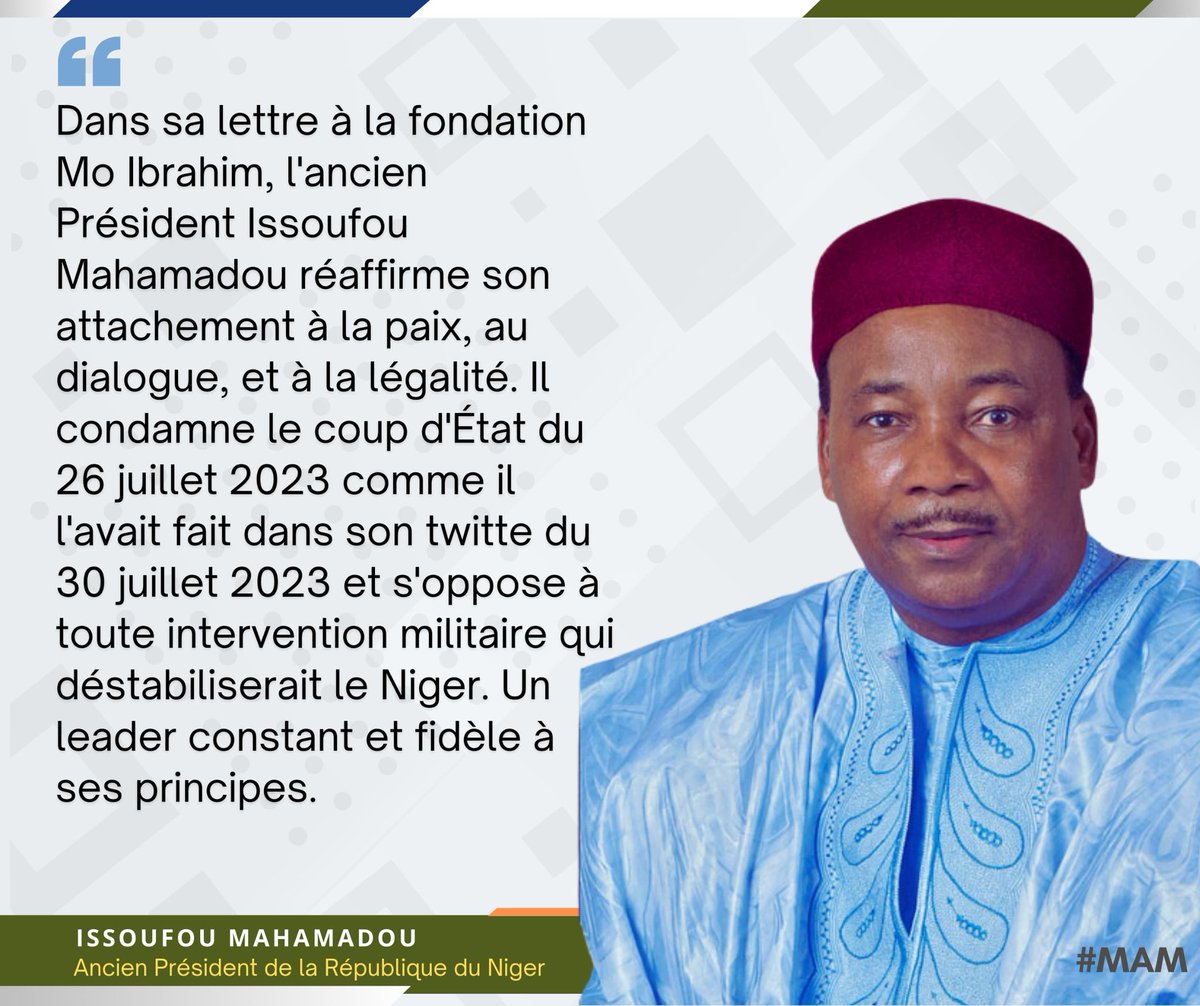 <a href="/Mo_IbrahimFdn/">Mo Ibrahim Foundation</a> , l'APRIM du #Niger, SEM <a href="/FondationIM/">Fondation Issoufou Mahamadou</a> n'a jamais changé de posture vis à vis des événements de 26 juillet 2023. Il a fait preuve de sagesse et de constance y afférents. Il a non seulement condamné le coup mais s'est opposé à toute intervention militaire étrangère.