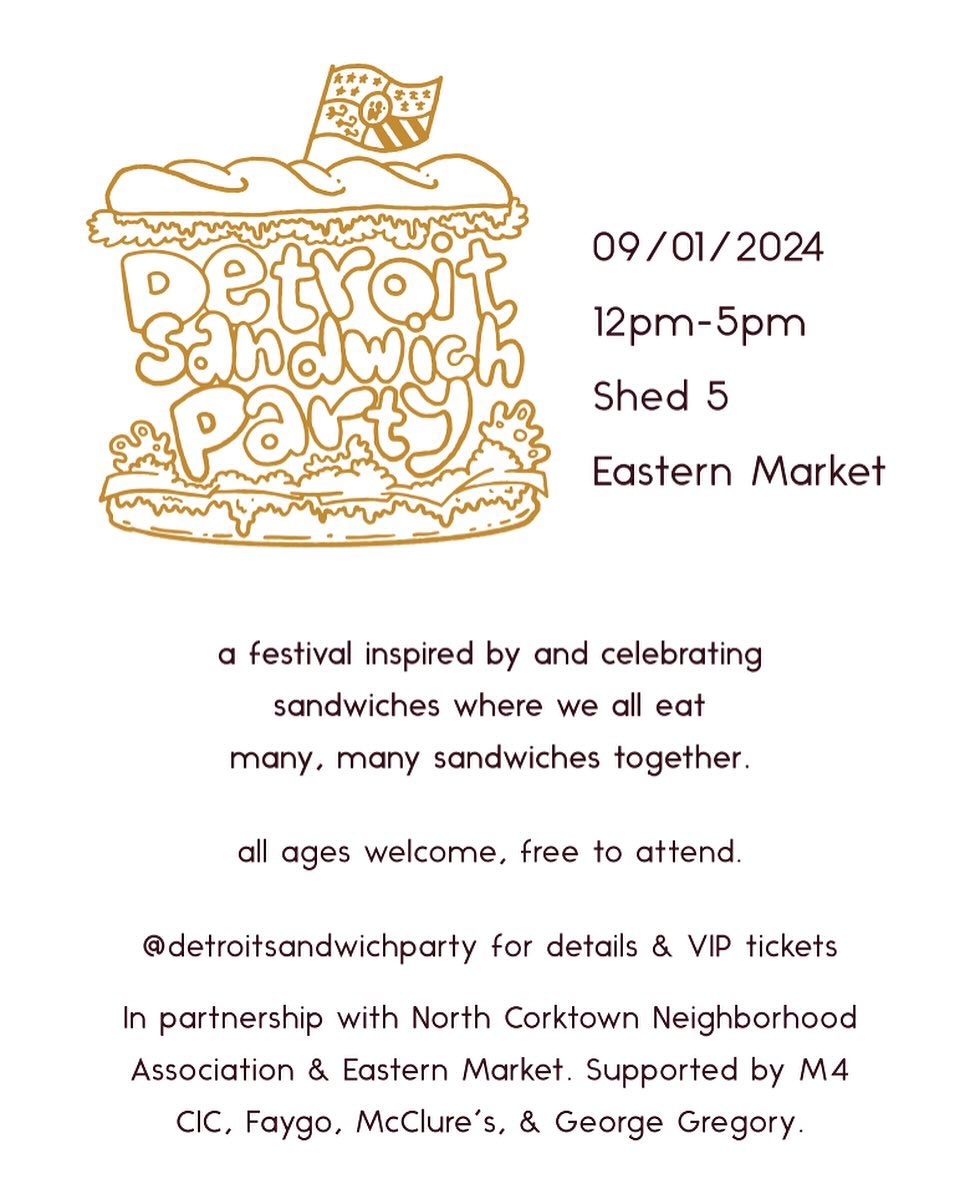 EasternMarket's tweet image. Sun, 9/1, 12 pm - 5 pm, attend the first-ever Detroit Sandwich Party at Eastern Market! 🥪

The festival will feature music, drinks, and of course, many many sandwiches.

The Party is free to attend with the option of purchasing VIP passes!

Get tickets: detroitsandwichparty.square.site
