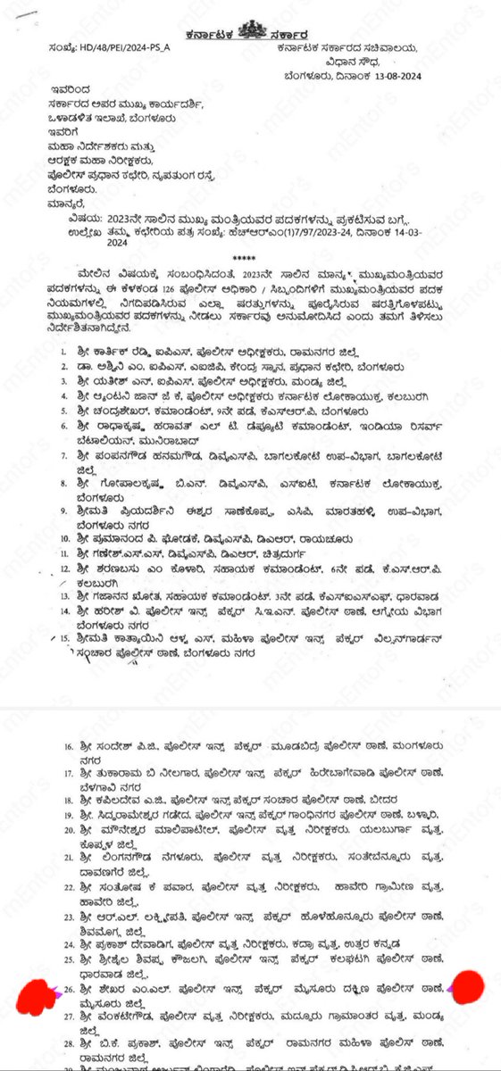 Pavan_Dhara's tweet photo. @DgpKarnataka @shalinirajnish @CMofKarnataka @DrParameshwara 

CM Medal - Pls refer Sl.N.26 in the Circular d:13/08/24, Shekhar M.L., PI, Mysuru South PS. Criminal cases r pending against him. How come he has been selected for CM Medal? This gives wrong msg to ppl. Pls rectify. https://t.co/t2uUZHeMaA