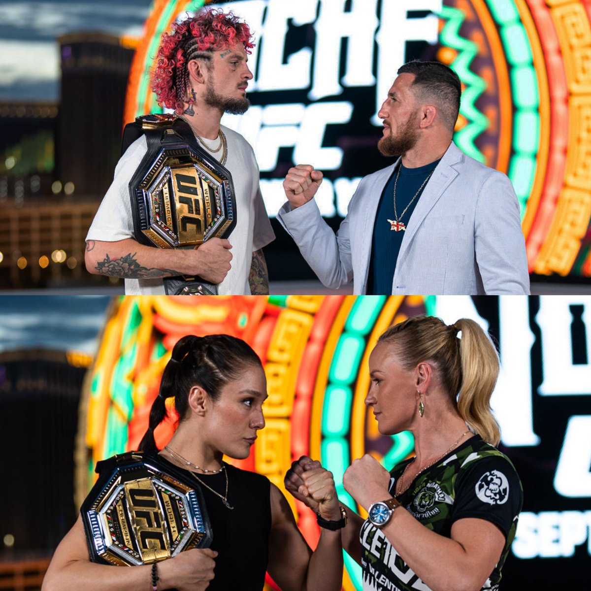 ufc's tweet photo. We're OFFICIALLY one month out! 🚨

@SugaSeanMMA vs @MerabDvalishvil 
@AlexaGrasso vs @BulletValentina 

[ @RiyadhSeason #NocheUFC will be LIVE on @ESPNPlus PPV from @SphereVegas ]
