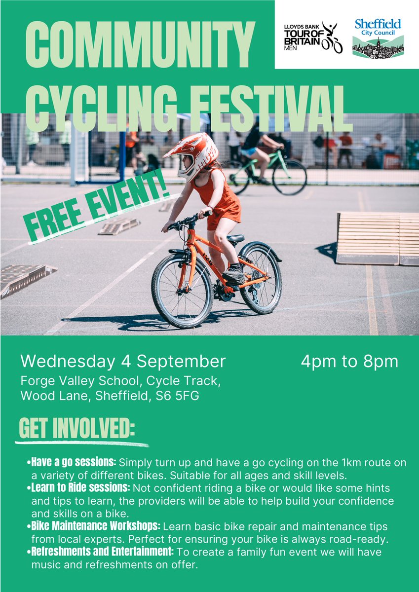 As part of the #TourOfBritain passing. Through South Yorkshire and Sheffield we are delighted to bring a FREE event for people to come and take part in cycling! 

The event the evening before the race in Sheffield we will have a fun evening at Forge Valley School!