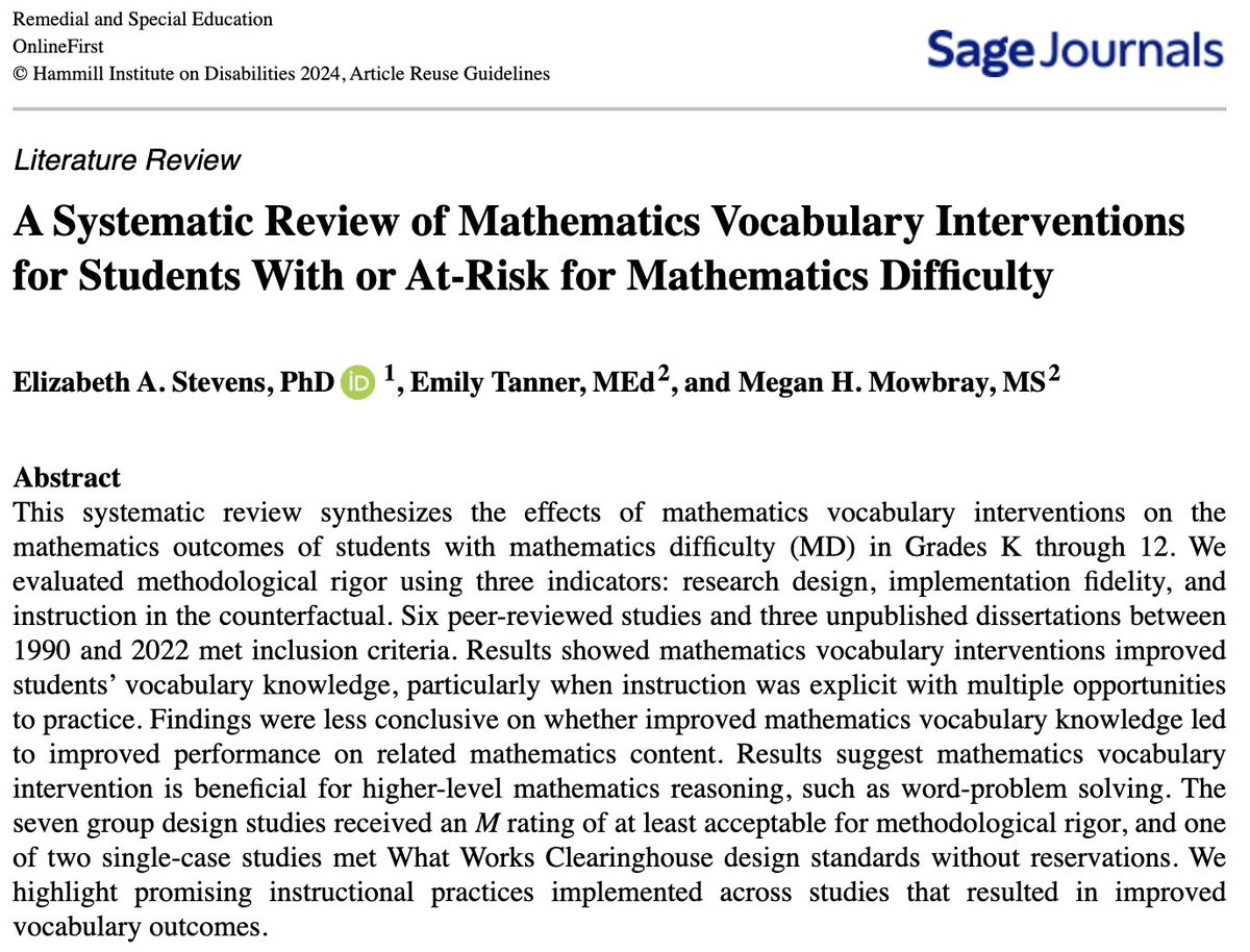 Elizabeth Stevens (@lizstevensphd) on Twitter photo 🚨🚨New pub alert! 🚨🚨Check out this article in RASE on the effects of #mathvocabulary #interventions for students with math difficulty! #mathwords <a href="/KUSOEHS/">KU School of Education & Human Sciences</a> <a href="/KUSpecialEd/">KU Special Education</a> @KUCDD 👇👇
doi.org/10.1177/074193… 🚨🚨New pub alert! 🚨🚨Check out this article in RASE on the effects of #mathvocabulary #interventions for students with math difficulty! #mathwords <a href="/KUSOEHS/">KU School of Education & Human Sciences</a> <a href="/KUSpecialEd/">KU Special Education</a> @KUCDD 👇👇
doi.org/10.1177/074193…