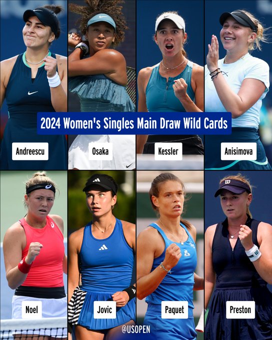 2024 Women's Singles Main Draw Wild Cards: Bianca Andreescu, Naomi Osaka, McCartney Kessler, Amanda Anisimova, Alexa Noel, Iva Jovic, Chloe Paquet, Taylah Preston