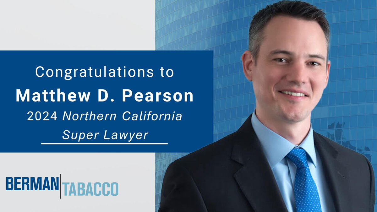 BermanTabacco's tweet image. Congratulations to @bermantabacco partner #MatthewPearson for being designated a 2024 Northern California Super Lawyer by @SuperLawyers. #SuperLawyers #LegalAward #LegalGuide bermantabacco.com/news/northern-…