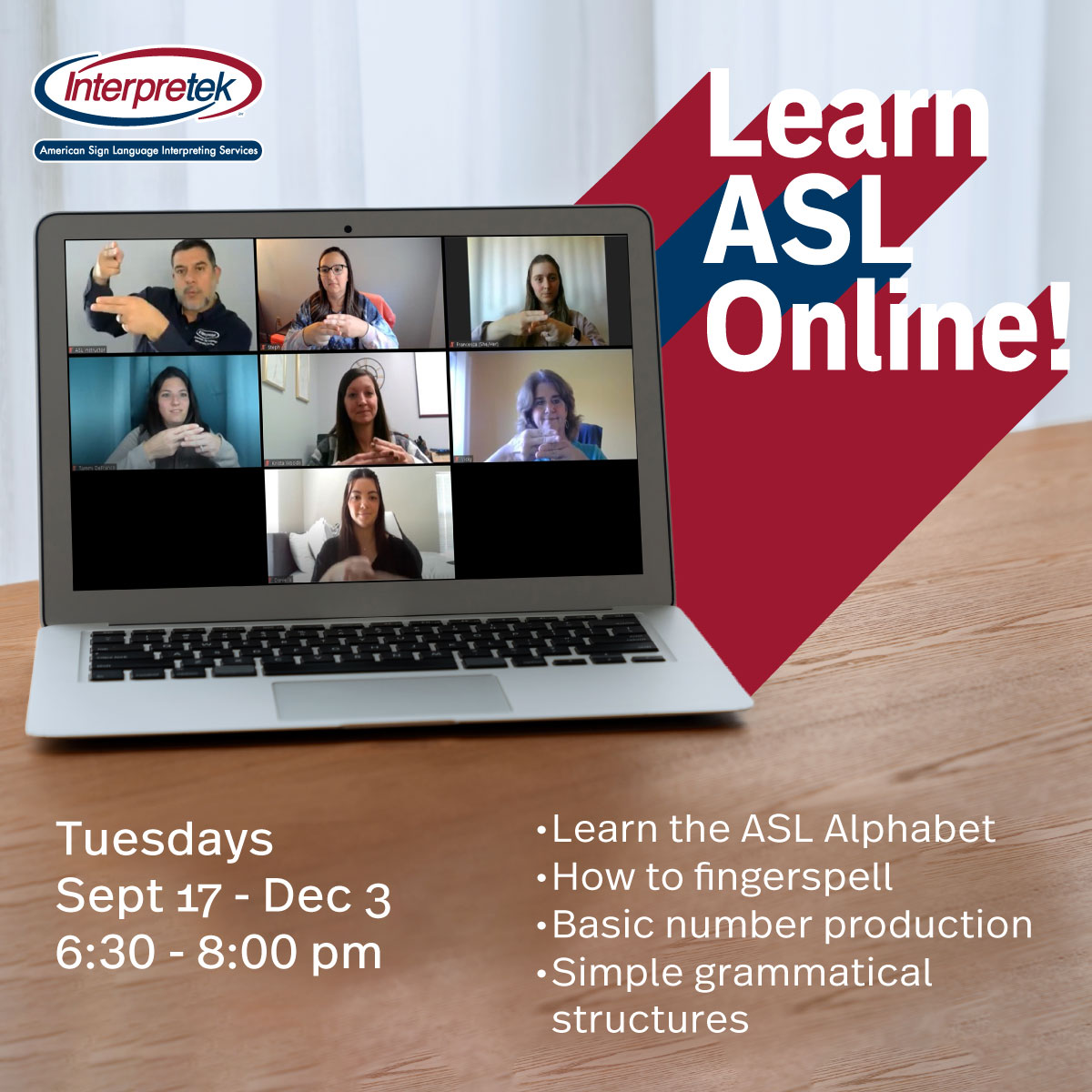 Interpretek's tweet image. Learn ASL from the comfort of your home with our online classes! You'll be taught the basics of ASL and practice your new learned skills with classmates. 
Register now at bit.ly/3SNPs8m 
#LearnASL #ASLClasses