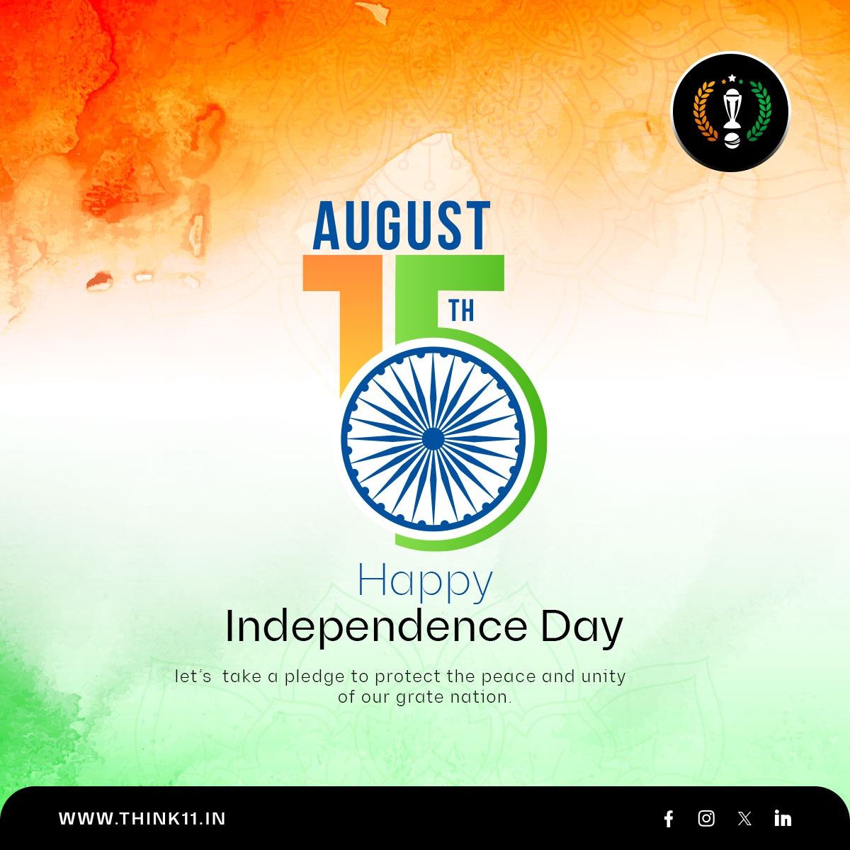 Think11app's tweet photo. 🇮🇳✨ Happy Independence Day! 🎉 Today, we celebrate the spirit of freedom and the heroes who fought for it. Let's honor our nation and pledge to uphold its values. Jai Hind! 🙌🕊️ #IndependenceDay #ProudIndian #Think11Celebrates https://t.co/cR5XC3jBPf