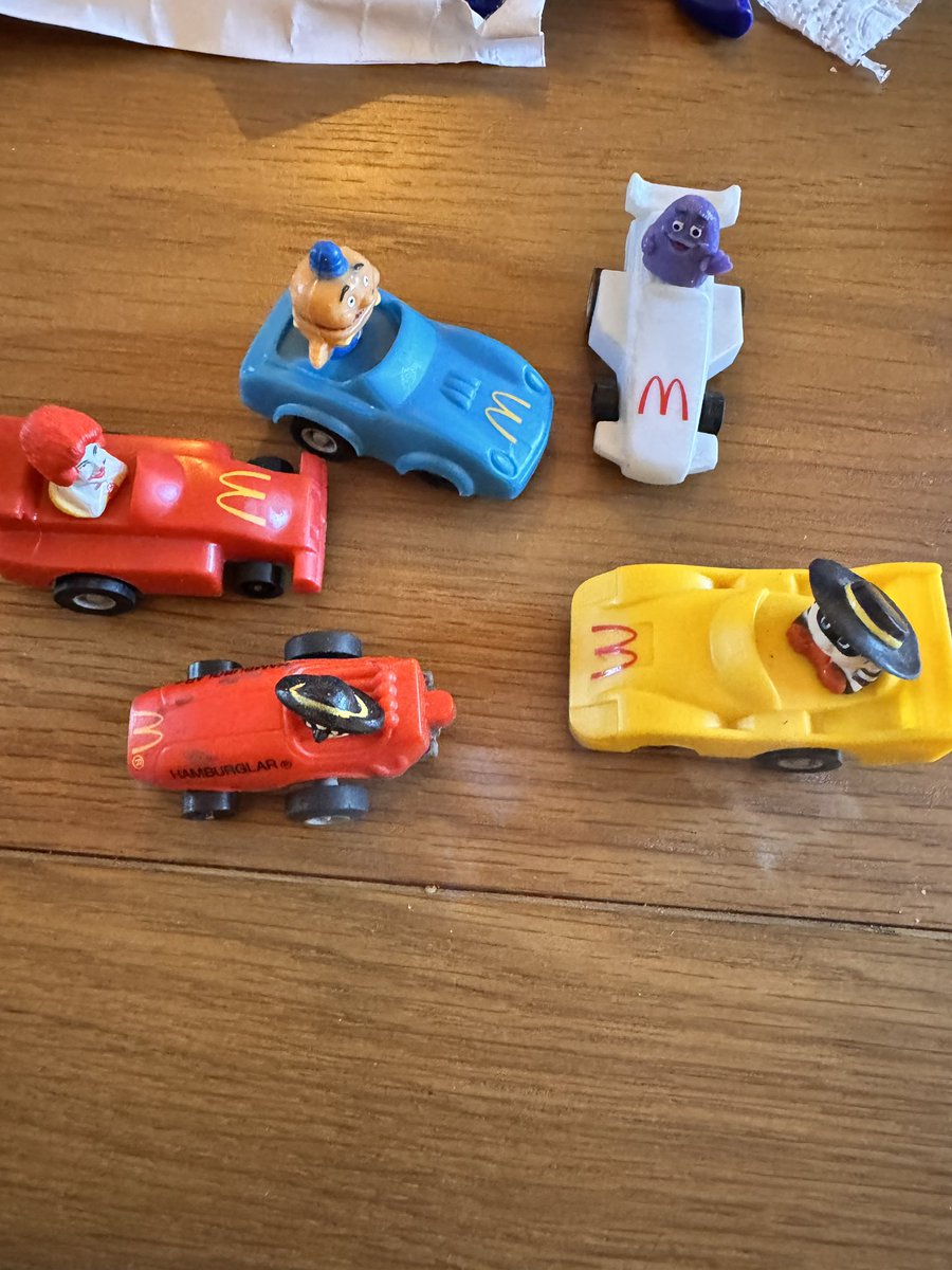 Tonesy09's tweet photo. @McDonaldsUK hey McDonalds my 6 year old just found these in a bag of cars I found in my mums loft when she moved. Are they worth anything? I’ll swap you for one of those 50th anniversary jackets 🤪 https://t.co/wwiUXRLPbp