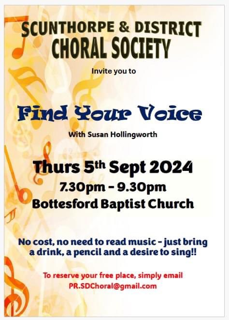 1/ Are you passionate about singing? Want to boost your confidence and meet fellow music lovers? Come and join us for an exciting ‘Find Your Voice’ evening! 5th September 7.30pm - 9.30pm at Bottesford Baptist Church