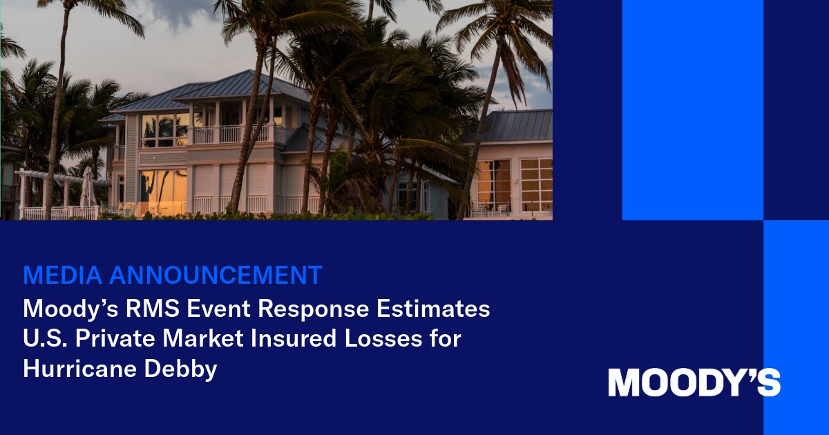📢 MEDIA ANNOUNCEMENT 📢

Moody’s RMS Event Response Estimates U.S. Private Market Insured Losses for Hurricane Debby.

👉 Read the full announcement here: rms.com/newsroom/annou…

#hurricane #debby #insurance #reinsurance #ils #insurancenews