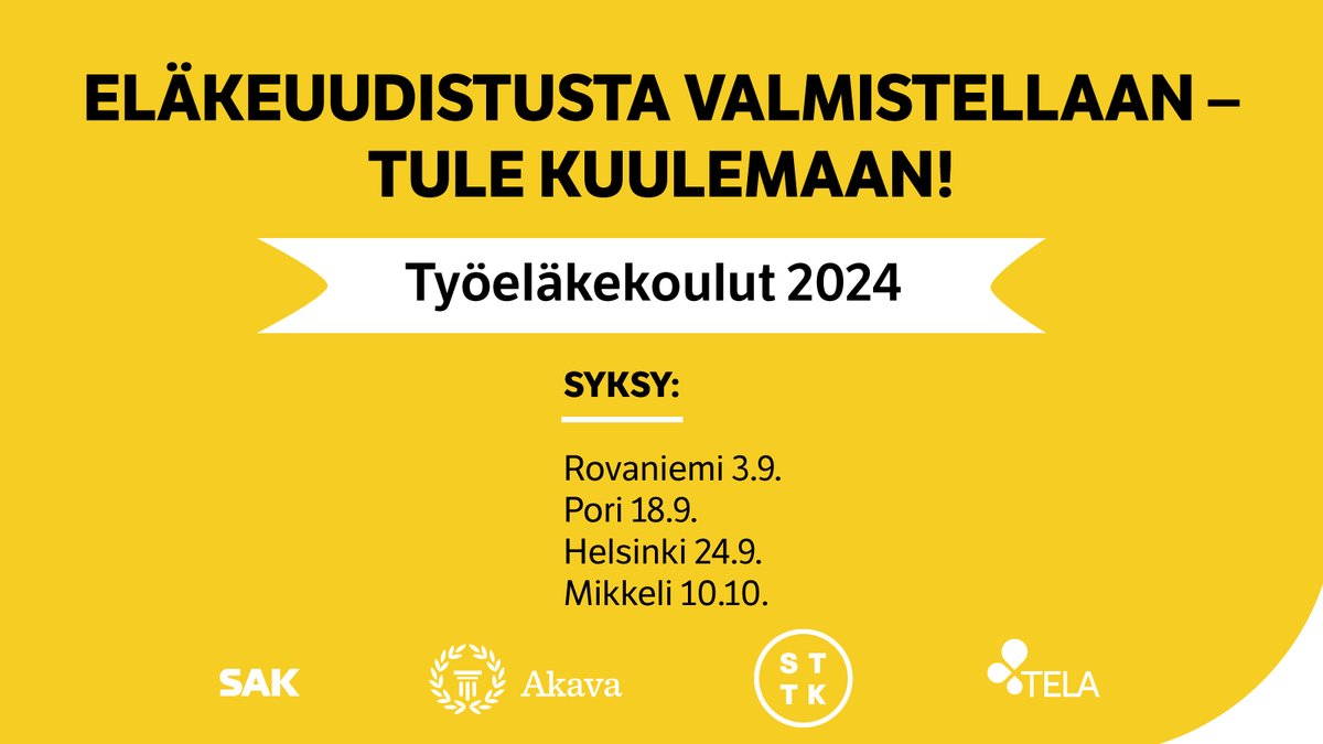 Alueellisten työeläkekoulujen kiertueemme jatkuu syksyllä neljän paikkakunnan verran. 

👉 Ilmoittautuminen syksyn tilaisuuksiin on nyt käynnissä, tule mukaan!

tela.fi/ajankohtaista/…