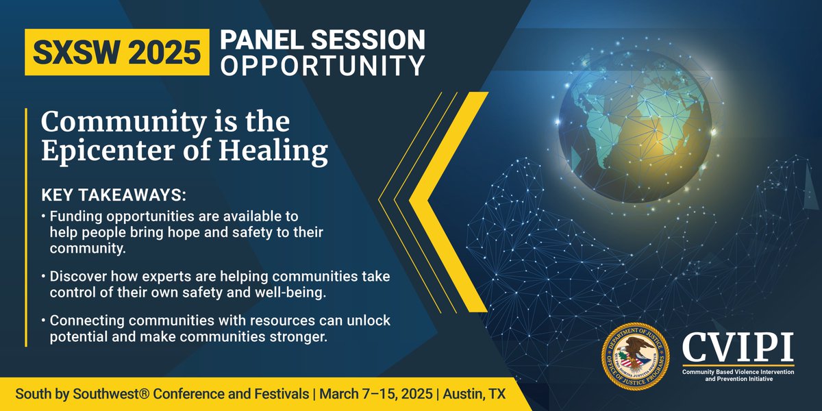 DOJBJA's tweet image. By addressing the causes of violence, #CommunityViolenceIntervention models create safer communities from the ground up! BJA submitted a #SXSW2025 panel on how communities are taking charge of their own safety &amp;amp; well-being.

Learn more: panelpicker.sxsw.com/vote/152977
