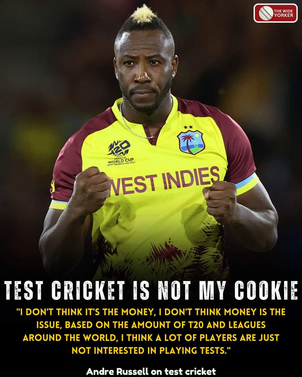 Farzi_Fan1996's tweet photo. Andre Russell shares his opinion on test cricket.
Do you agree with him? Share your thoughts.
#AndreRussell #andrerussellbatting #DreRuss #russellmuscle #Windies #WindiesCricket #Windies #CricketUpdate #CricketUpdate
#MrBachchanOnAug15th #Israel #MrBachchan https://t.co/Pu1a1yoL8v