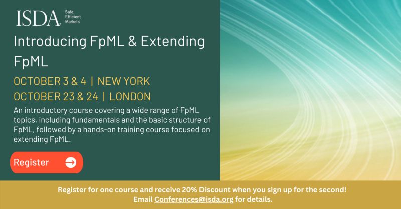 ISDA’s Introducing FpML® &amp; Extending #FpML courses are returning to New York and London this October! Register for 1 course and receive 20% off the other! Details here: isda.org/events/

Speakers will cover a wide range of FpML topics, including fundamentals and the basic