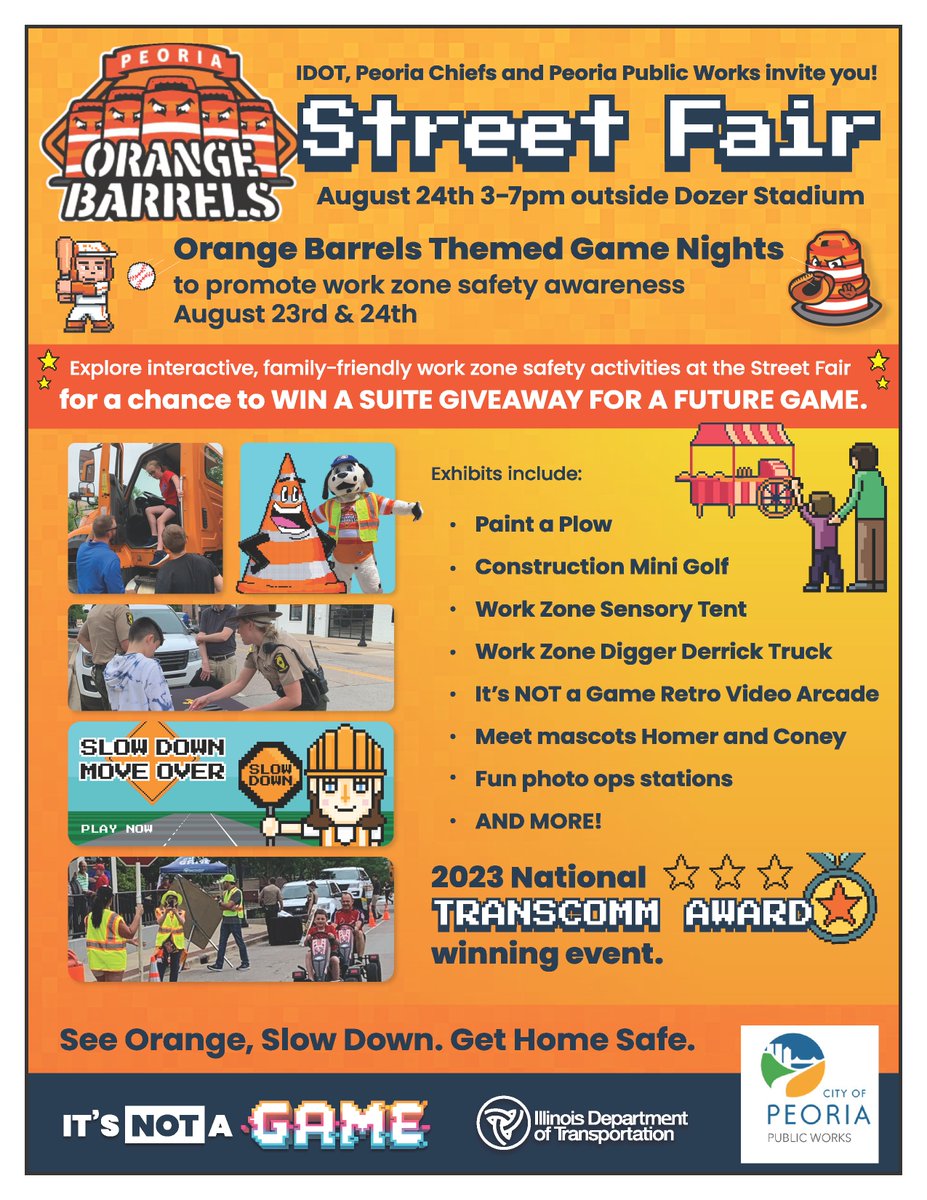 IDOT District 4 (@idotdistrict4) on Twitter photo Mark your calendar 8/23-24! #IDOT, <a href="/CityofPeoria_IL/">City Of Peoria IL</a> and the <a href="/peoriachiefs/">Peoria Chiefs</a> as the #OrangeBarrels are teaming up for some construction-themed fun! You'll have a ball, learn how to get home safe and might win a free suite! Visit idot.click/9ks ! #ItsNotAGameIllinois Mark your calendar 8/23-24! #IDOT, <a href="/CityofPeoria_IL/">City Of Peoria IL</a> and the <a href="/peoriachiefs/">Peoria Chiefs</a> as the #OrangeBarrels are teaming up for some construction-themed fun! You'll have a ball, learn how to get home safe and might win a free suite! Visit idot.click/9ks ! #ItsNotAGameIllinois