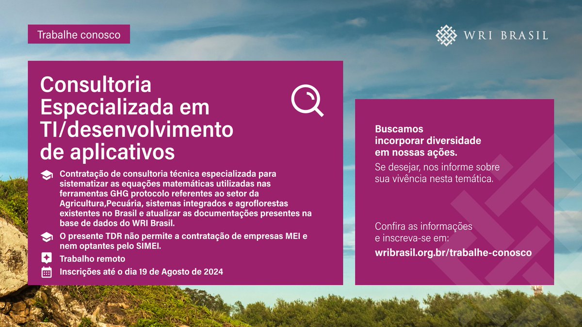 Estamos em busca de uma Consultoria Especializada em TI/desenvolvimento de Aplicativos.

Confira mais detalhes e inscreva-se em: wribrasil.org.br/trabalhe-conos…