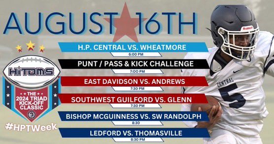 .<a href="/HTHiToms/">High Point-Thomasville HiToms</a> 2024 Triad Kickoff Classic is set for August 14th &amp; 16th featuring <a href="/hpcbisonfball/">High Point Central Football</a> <a href="/NDBlackKnightFB/">NorthDavidsonFB</a> <a href="/TvilleBulldogs/">ITJ</a> <a href="/TaborFootball/">Mount Tabor Football</a> <a href="/RandlemanFB/">Randleman Football</a> <a href="/LedfordFootball/">LHSFootball</a> <a href="/EDeagles/">East Davidson</a> <a href="/GlennFootball14/">Glenn Football</a> <a href="/SWGHS_Football/">Southwest Guilford Football</a> <a href="/TWAndrewsHS/">TW Andrews HS</a> <a href="/BMHSVillains/">BMHS Villains</a> #SWRandolph #Wheatmore  <a href="/WFMY/">WFMY News 2</a> <a href="/WFMYhss/">WFMY HS Sports</a>