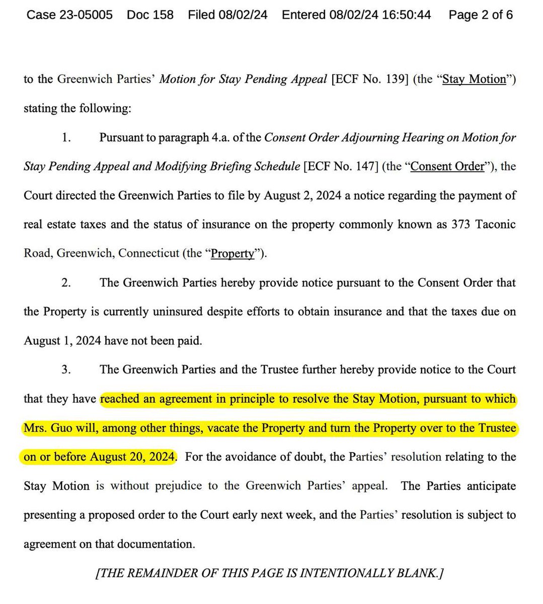 case 23-05005 Doc158

“康州房子没了，岳庆芝答应8月20号前转交给Luc, 双方协议处理stay motion，上诉结果不会拖延此次转交过程。

该抗议的抗议，该朝拜的朝拜，该声援的声援，房子很快易手，使用该道具需趁早。” — #老嶽来电