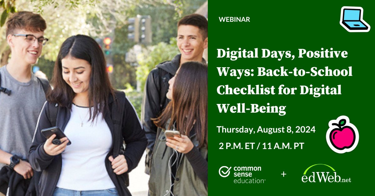 CommonSenseEd's tweet image. Happening next week - join us for some #backtoschool planning with &quot;Digital Days, Positive Ways: Back-to-School Checklist for Digital Well-Being&quot; taking place on Thurs. 8/8 at 2pm EST/11am PST. Register: home.edweb.net/webinar/common… #teacherpd #edweb #webinar