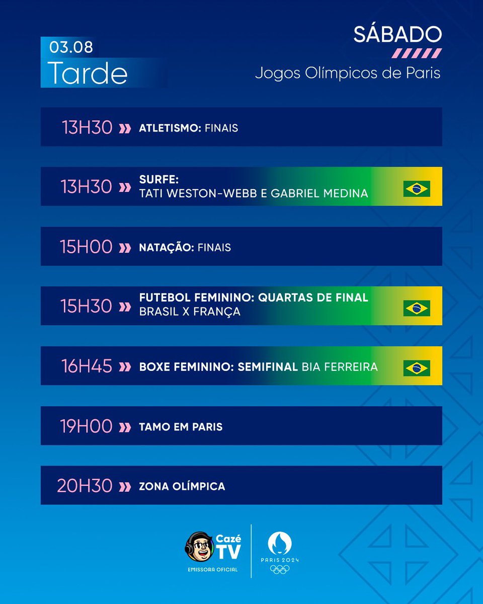CazeTVOficial's tweet image. SEXTA ELA VEM QUE VEM QUICANDO! A AGENDA TÁ NA MÃO! FIM DE SEMANA CHEIO DE BRASA PRA GENTE SE EMOCIONAR E VIBRAR MUITO JUNTO! VALE MUUUUUUUITO MAIS QUE OURO! 🇧🇷

#Paris2024 #OlimpíadasNaCazéTV #EsportesDaSorte