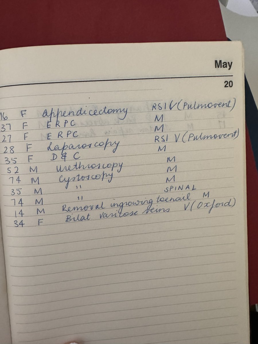 Came across my logbook from first Anaesthetic SHO days in London. What a blast from the past! So much change since then. 
Days doing whole cases holding a mask (M)
Doing whole lists on my own as an SHO😱
Different ventilator in every OT
Propofol and LMAs a novelty 
#MedTwitter