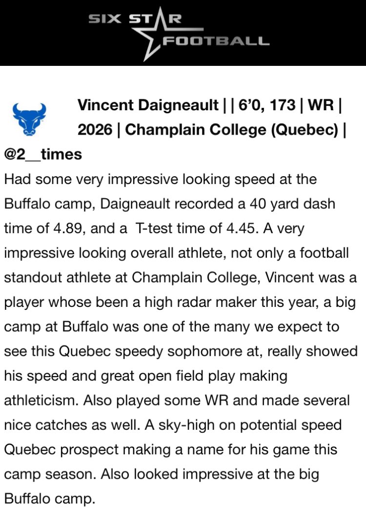 vincent daigneault🇨🇦 (@2__times) on Twitter photo Thank you <a href="/sixstarfootball/">Six Star Football | PLUS+</a> for the great write up about my performance at the <a href="/UBFootball/">UB Football</a> camp
<a href="/jfjoncas/">JF Joncas</a>
<a href="/ECWagnac/">Emmanuel Cazeau-Wagnac</a> Thank you <a href="/sixstarfootball/">Six Star Football | PLUS+</a> for the great write up about my performance at the <a href="/UBFootball/">UB Football</a> camp
<a href="/jfjoncas/">JF Joncas</a>
<a href="/ECWagnac/">Emmanuel Cazeau-Wagnac</a>