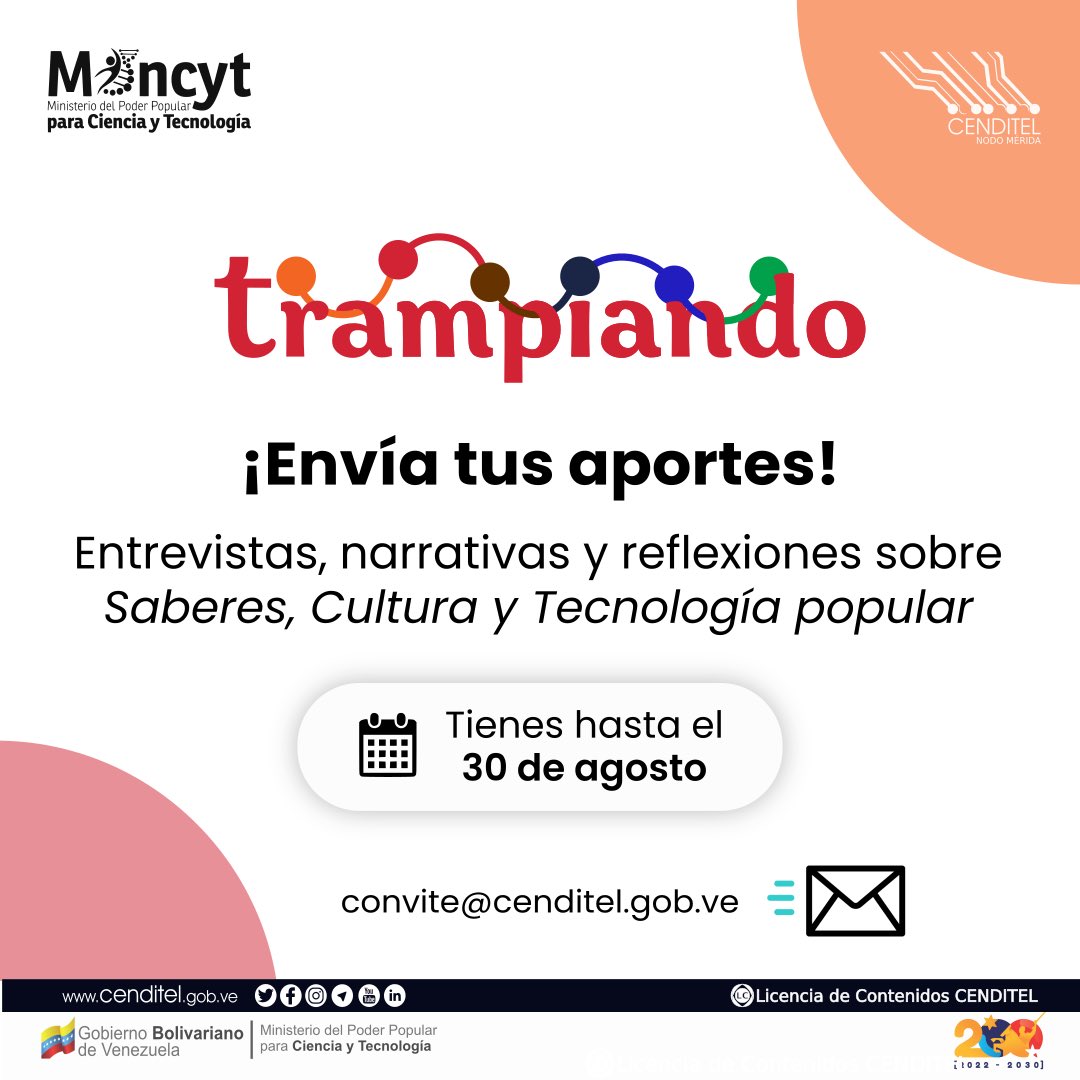 CENDITEL's tweet image. 🔸¡Atención! 🔸
Abrimos convocatoria para la recepción de ensayos, artículos, entrevistas y narraciones sobre experiencias, en un estilo libre relacionados a "Saberes, Cultura y Tecnología Popular " para la Edición Nro 12 de la Revista Trampiando.
🔗bit.ly/3LMVMt3