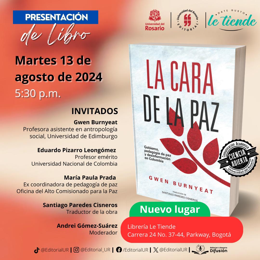 Gwen Burnyeat (@gwenburnyeat) on Twitter photo Nuevo lugar para lanzamiento del libro "La cara de la paz: Gobierno, pedagogía de paz y desinformación en Colombia", ahora en librería Le Tiende en Teusaquillo. Publicado <a href="/EditorialUR/">Editorial URosario</a>. Con <a href="/MariaPPradaR/">Maria Prada Ramírez</a>, Eduardo Pizarro, y traductor Santiago Paredes. Moderado por @AndGomezSuarez Nuevo lugar para lanzamiento del libro "La cara de la paz: Gobierno, pedagogía de paz y desinformación en Colombia", ahora en librería Le Tiende en Teusaquillo. Publicado <a href="/EditorialUR/">Editorial URosario</a>. Con <a href="/MariaPPradaR/">Maria Prada Ramírez</a>, Eduardo Pizarro, y traductor Santiago Paredes. Moderado por @AndGomezSuarez