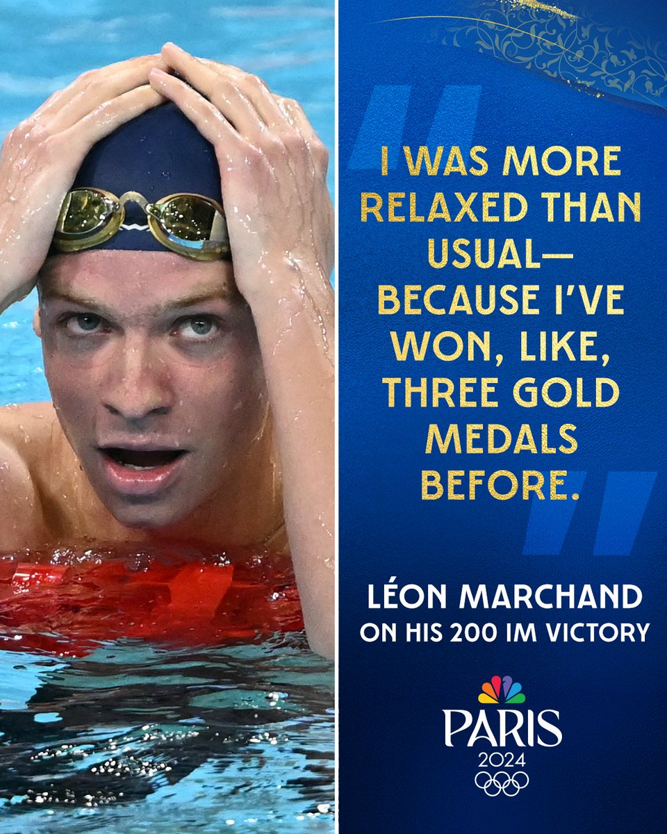 NBCOlympics's tweet photo. First Olympics nerves? No longer a problem for Léon Marchand. 😅

#ParisOlympics https://t.co/9f3EGSQ1NE