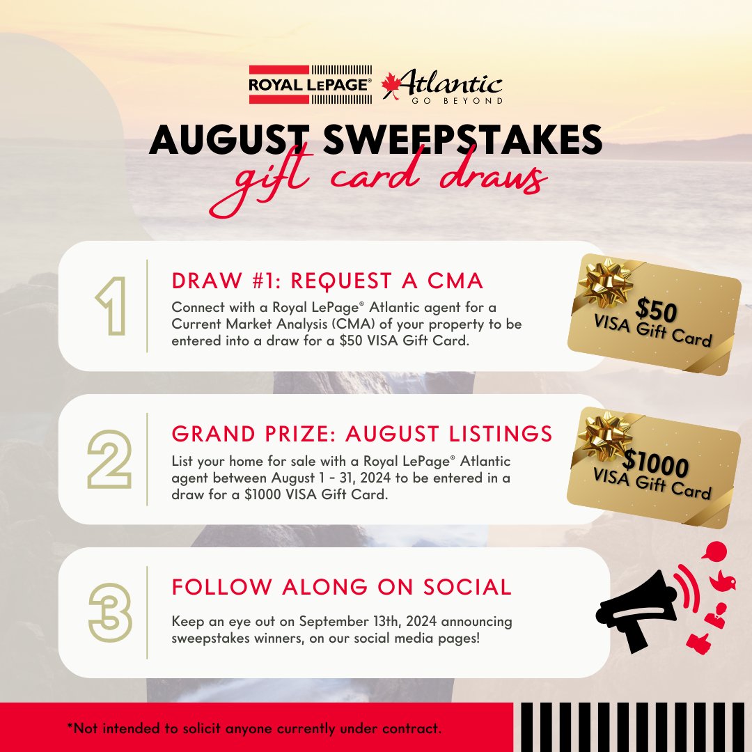 RLPAtlantic's tweet photo. 📣 Enter Our Exciting Sweepstakes for a Chance to Win Big!

We’re thrilled to announce a special sweepstakes being offered by Royal LePage® Atlantic this August, and want YOU to participate!

Read this thread for full details...👇 https://t.co/xln5fXMvp0