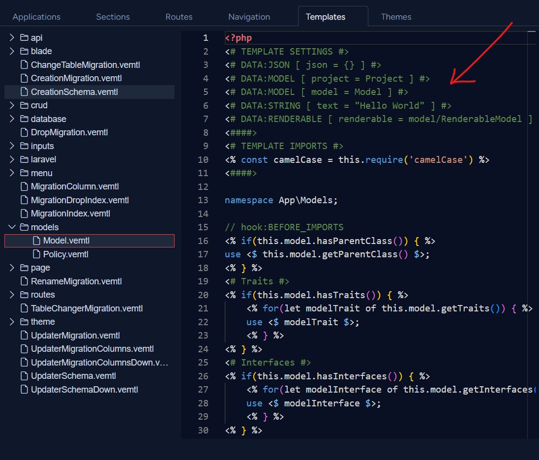 One of the best improvements in the Vemto 2 template engine is the "Dependency Injection" system, which significantly increases flexibility and reduces the time needed to build and configure new templates in the editor. Because of the injection, the template is automatically read