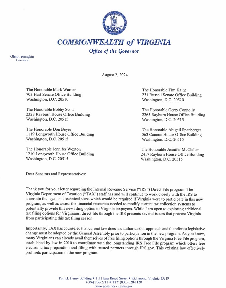 TylerEnglander's tweet photo. Breaking: In a letter obtained by 8News, @GovernorVA tells Virginia's congressional delegation that Virginia will not be participating in the new IRS Direct File Program. 

The program would allow taxpayers to file their taxes online for free directly on the IRS' website. https://t.co/SEoZ3Hq9t8