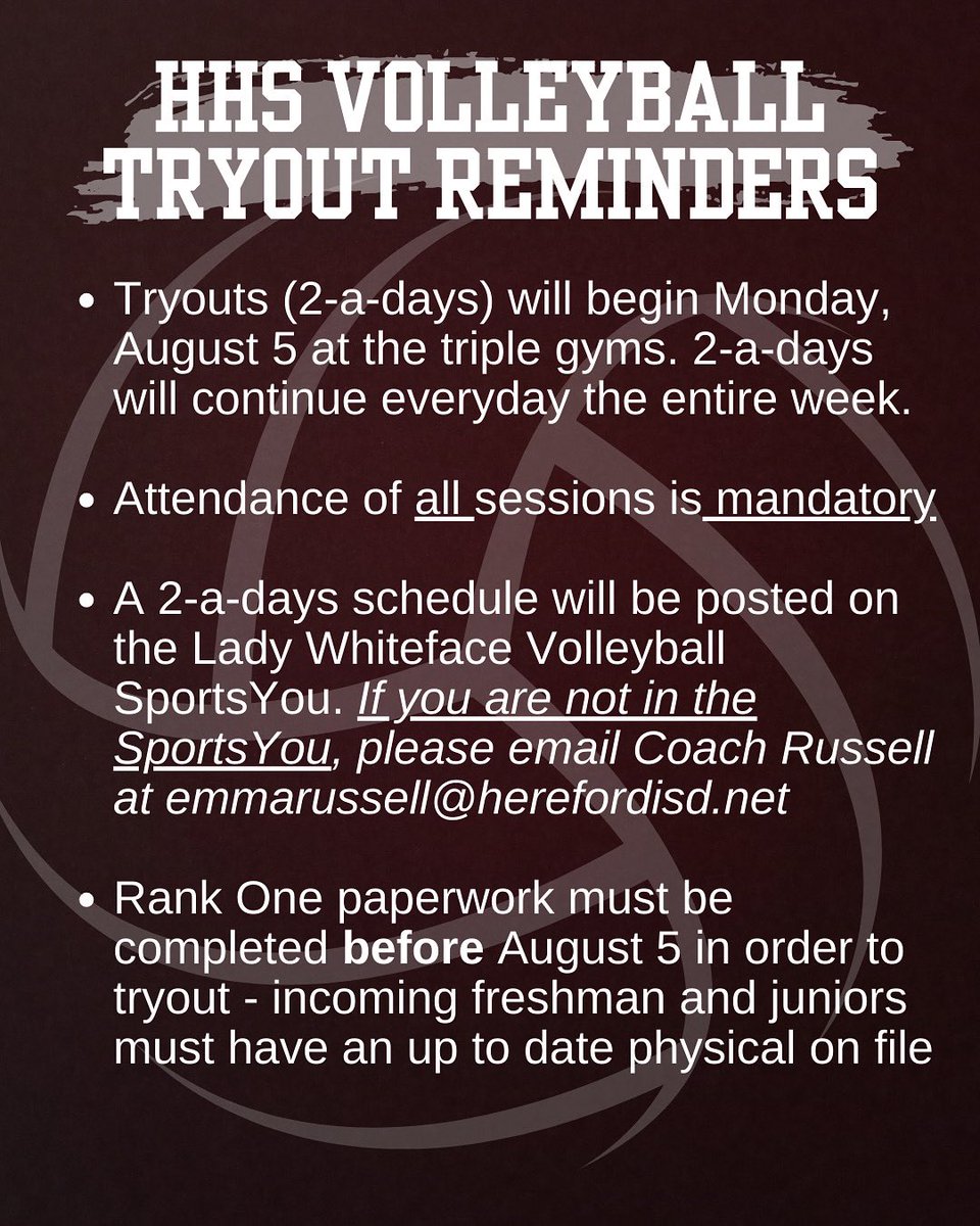 It’s right around the corner!!! Remaining tryout times are posted in the volleyball SportsYou! 🏐🐮🩶