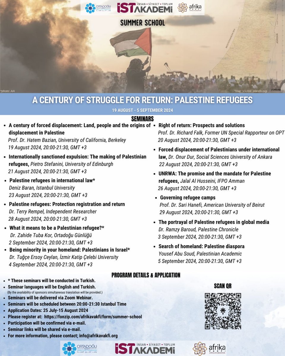 The Middle East Foundation, Africa Foundation and IST Academy are jointly organizing "A Century of the Struggle for Return: Palestinian Refugees" Summer School.

Please register at:  fonzip.com/afrikavakfi/fo…