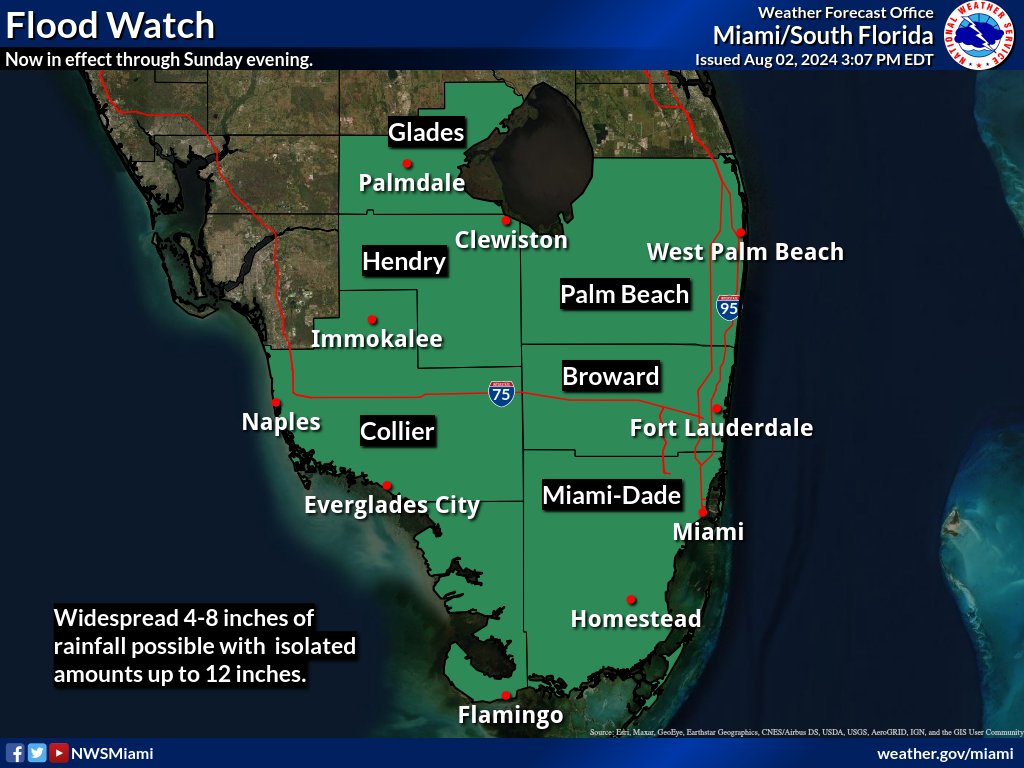 MiamiDadeEM's tweet photo. .@NWSMiami has issued a Flood Watch for #OurCounty until Sunday evening. Up to four to eight inches of rainfall will be possible, with isolated areas receiving up to 12 inches. Monitor updates on conditions &amp; precautions that need to be taken.

For more: https://t.co/BCkHu93k36 https://t.co/mQDfRnUiA8