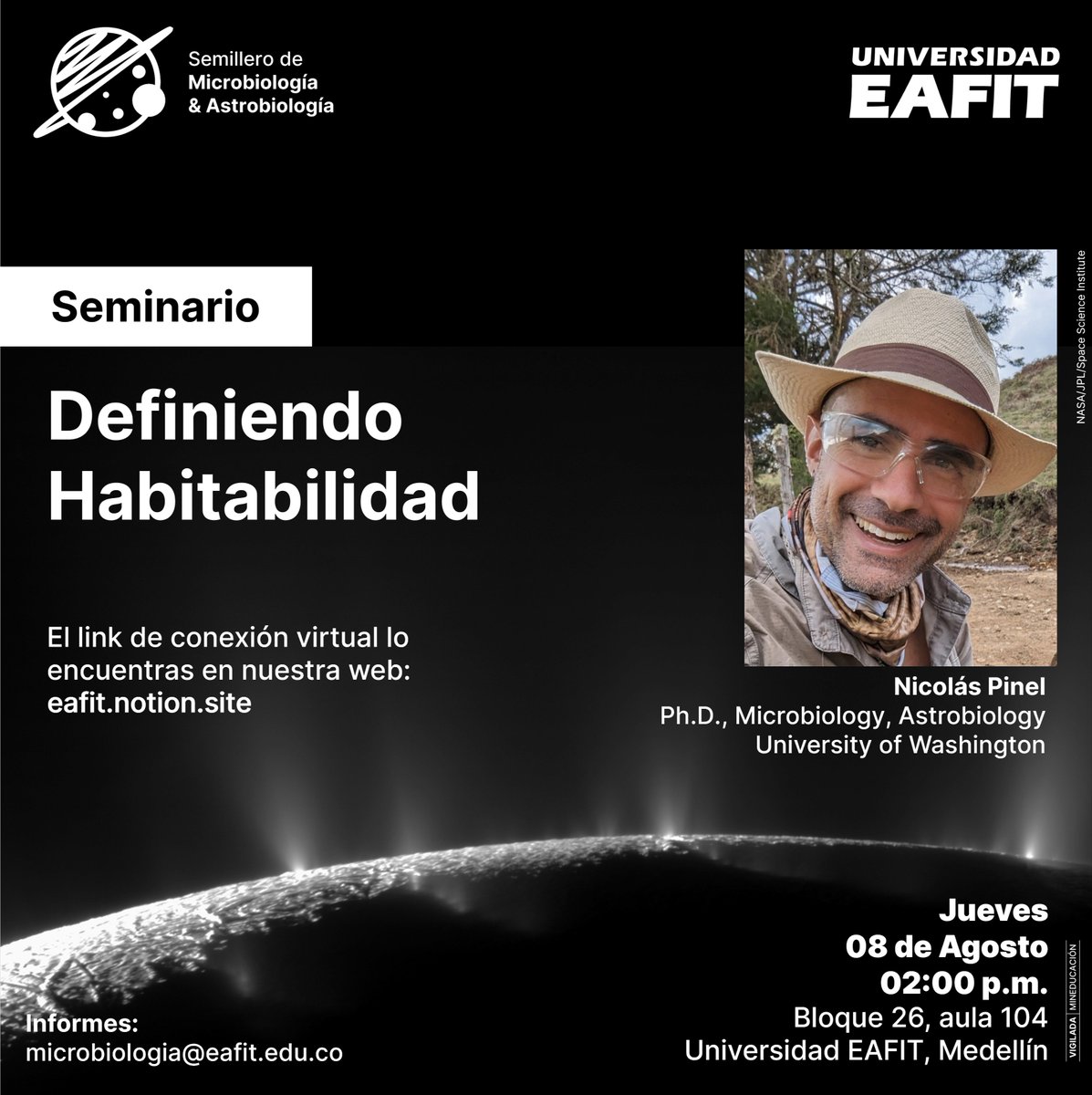 S_CorreaG's tweet photo. Next week, we are pleased to host a seminar at @EAFIT, titled “Defining Habitability,” presented by Dr. Nicolas Pinel. The seminar will be conducted in Spanish.

For those unable to attend in person, we will provide remote access details on our website: https://t.co/JAvGiRxNfg. https://t.co/5UvqK1fcLM