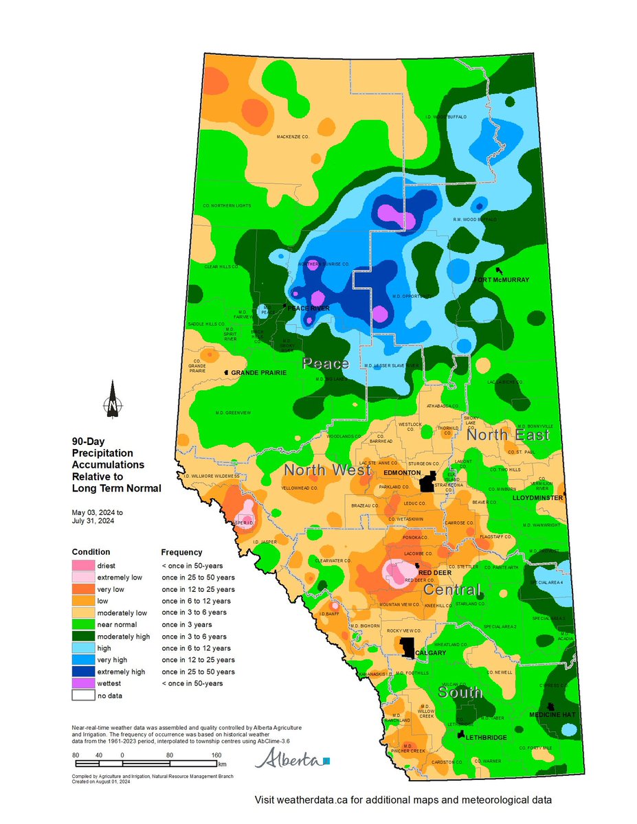 APGExtension's tweet photo. Combines were already in the field in July. One of the warmest Julys on record. Hot and dry. #Alberta #cdnag #precip #temps https://t.co/AD8ku7t6mM