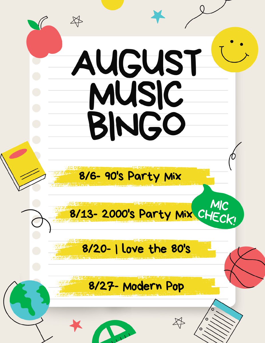 August Music BINGO schedule. #lovethepeople #lovethebeer #beerhugsandrockandroll #pizzaandbeer #middletn #drinklocal #craftbeer #mayday 🍕🍺