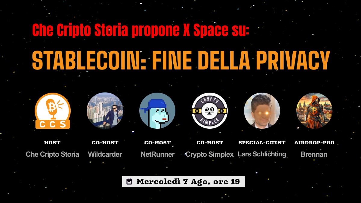 ⏰Mercoledì 7 Agosto ore 19:00⏳ 
 
📻30° Twitter/X Space: #stablecoin #privacy

🔍Ti sei mai chiesto quali siano le ultime novità sulle politiche di trasferimento delle #STABLECOIN?
Sei curioso di scoprire gli intricati aspetti legali del mondo cripto con <a href="/SchlichtingLars/">Lars Schlichting</a> ?