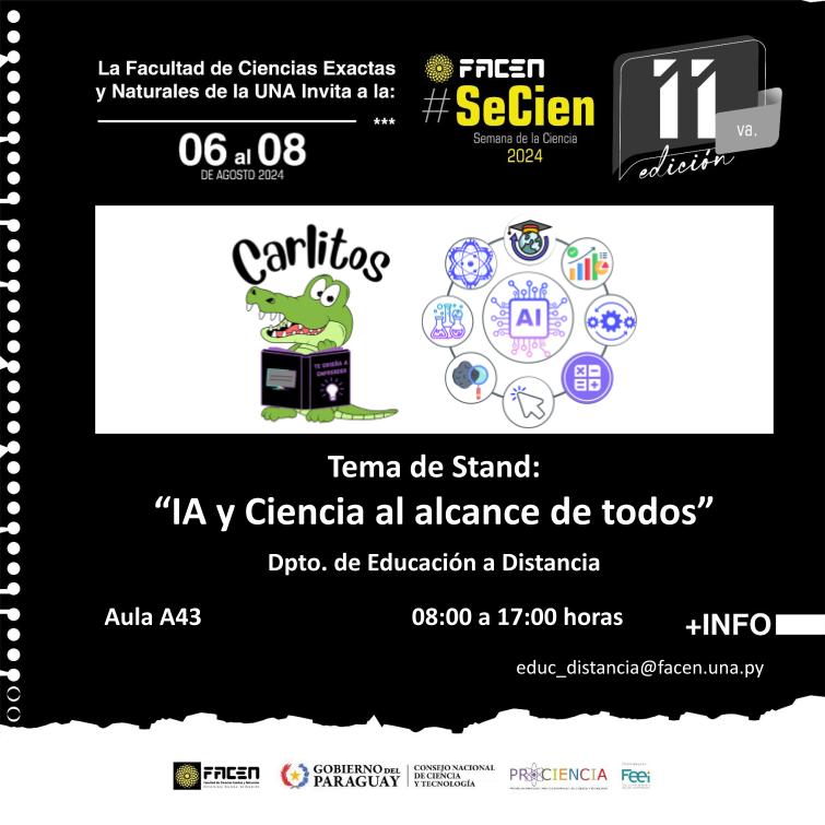 facenunaoficial's tweet photo. Cada vez falta menos para la Semana de la Ciencia 2024, en su 11ma. edición!!! Entra a mirar todos los stands que podrás visitar del 06 al 08 de agosto durante la SeCien 2024!! Te esperamos!!!
#FACEN #SeCien2024 #FEEi #CONACYT #PROCIENCIA https://t.co/mlvJwoRlVM