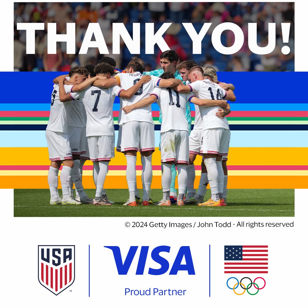 We’re proud of your performance, U.S. Men’s Olympic Soccer Team. Thanks for an inspiring appearance at the Olympic Games Paris 2024! #Paris2024 #Olympics #Visa #OlyMNT

Visa. Worldwide Payment Technology Partner of the Olympic Games Paris 2024 and Proud Partner of the U.S. Men’s